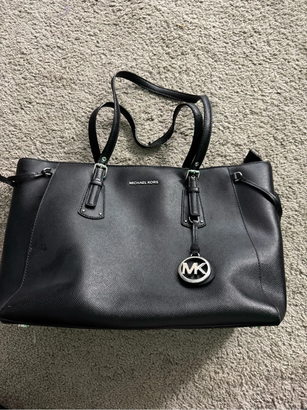 Michael Kors Black Leather Tote with MK Pendant
